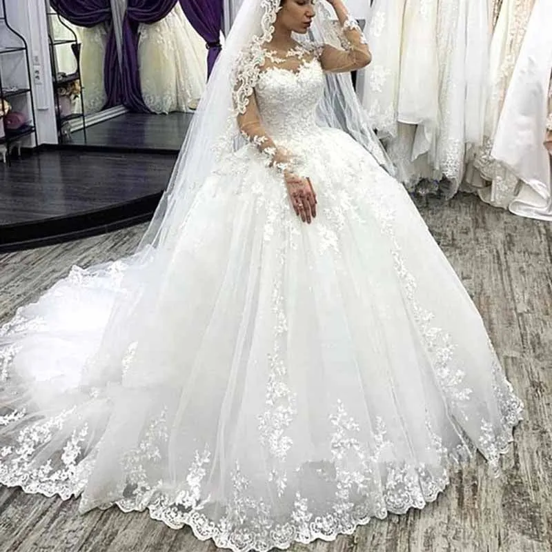 A-line Wedding Dresses Lace Applique Long Sleeves Bride Ball Gown