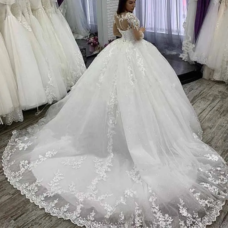 A-line Wedding Dresses Lace Applique Long Sleeves Bride Ball Gown