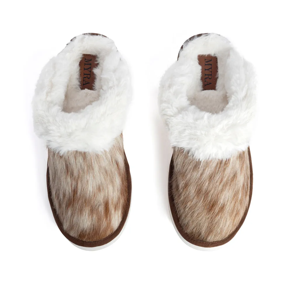 Alamosa Hair-on Hide Lined Slippers in Brown & White