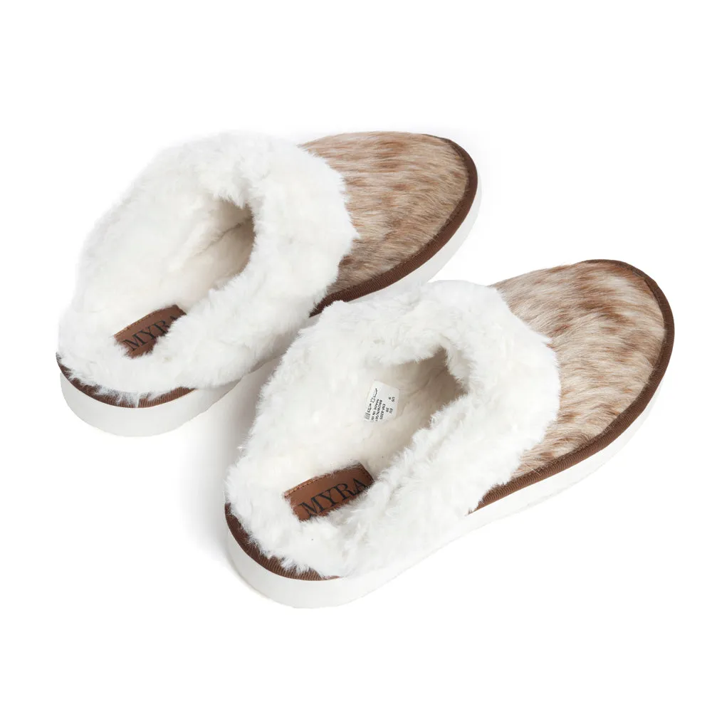 Alamosa Hair-on Hide Lined Slippers in Brown & White