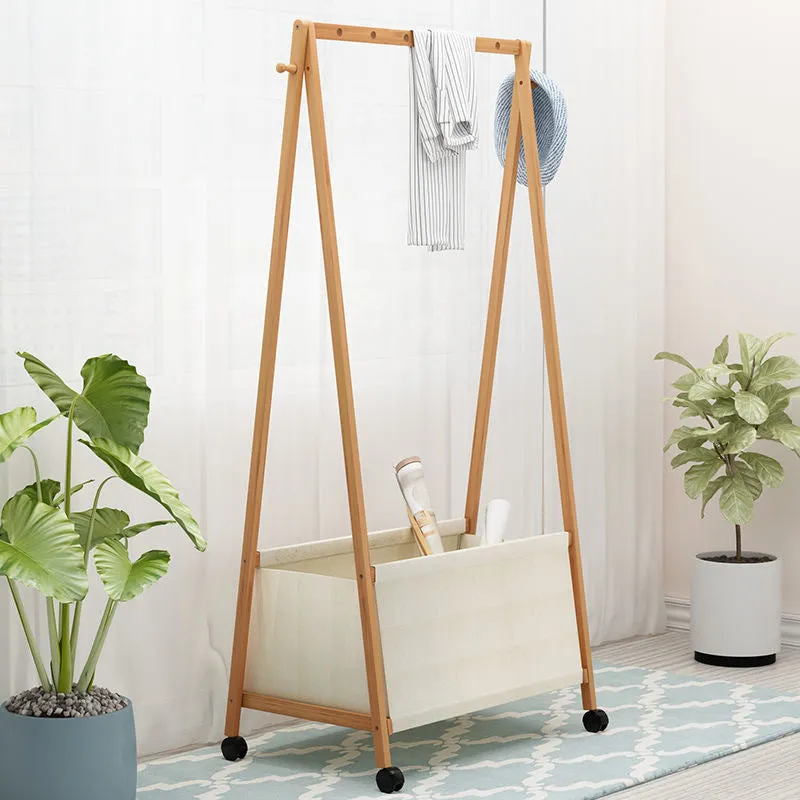 Bamboo Garment Rack Coat Clothes Hanging with Canvas Storage