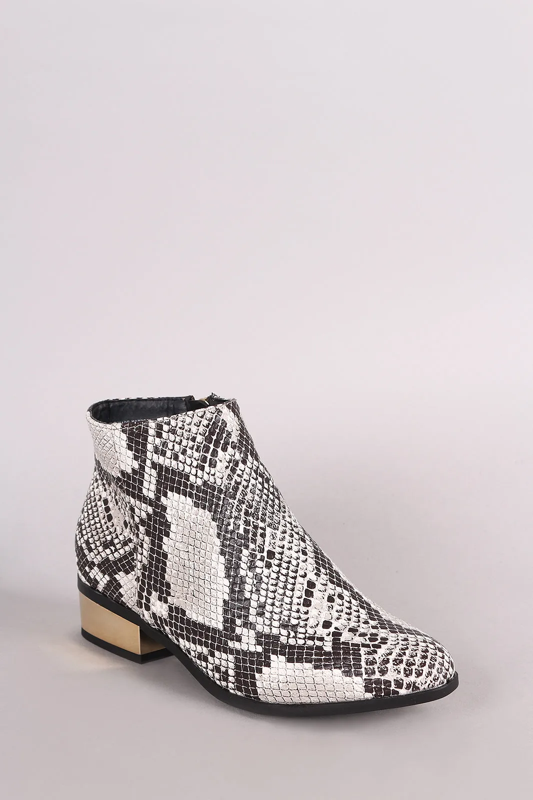 Bamboo Snakeskin Almond Toe Metallic Heeled Ankle Booties