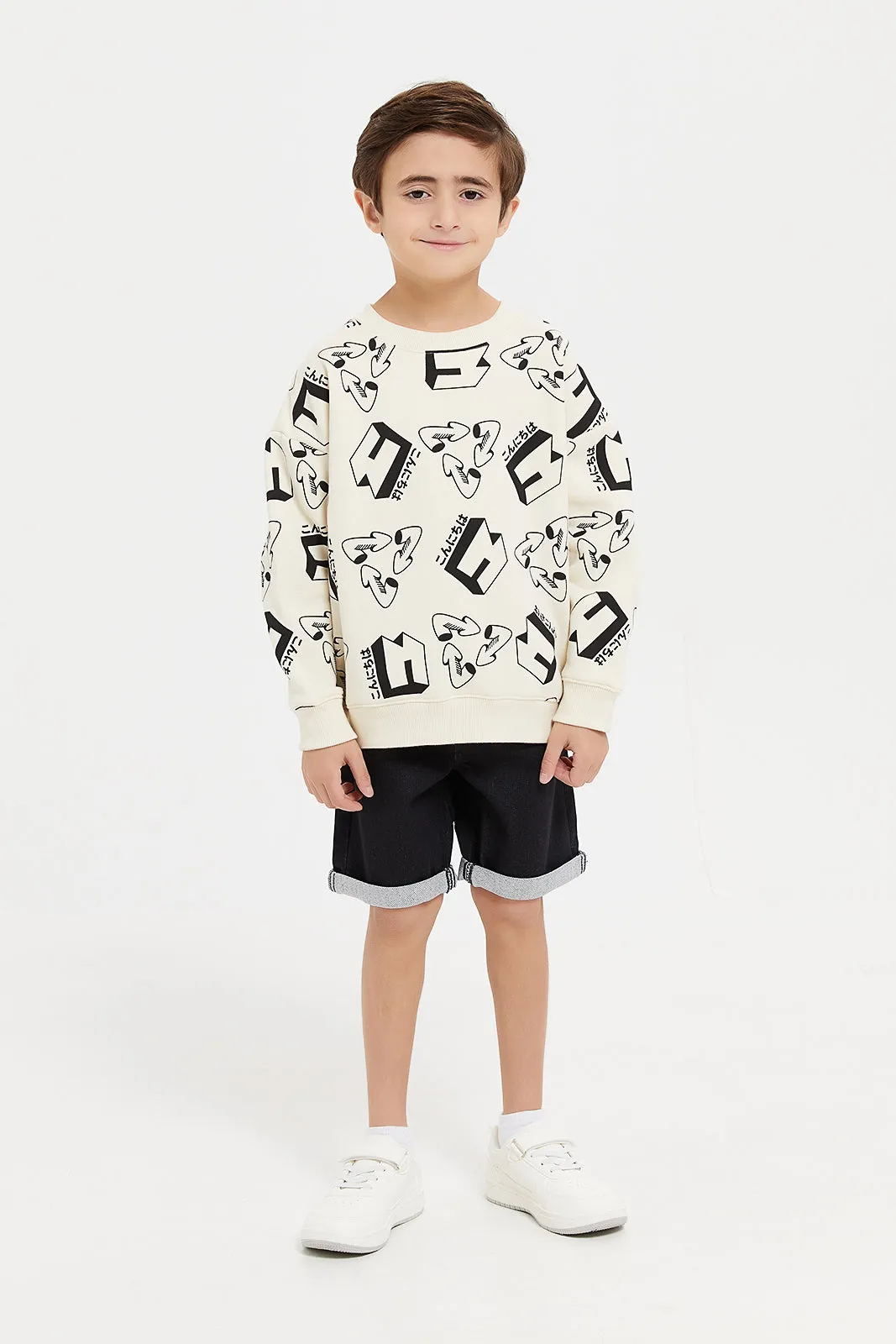 Boys Beige Printed Drop Shoulder Sweatshirt