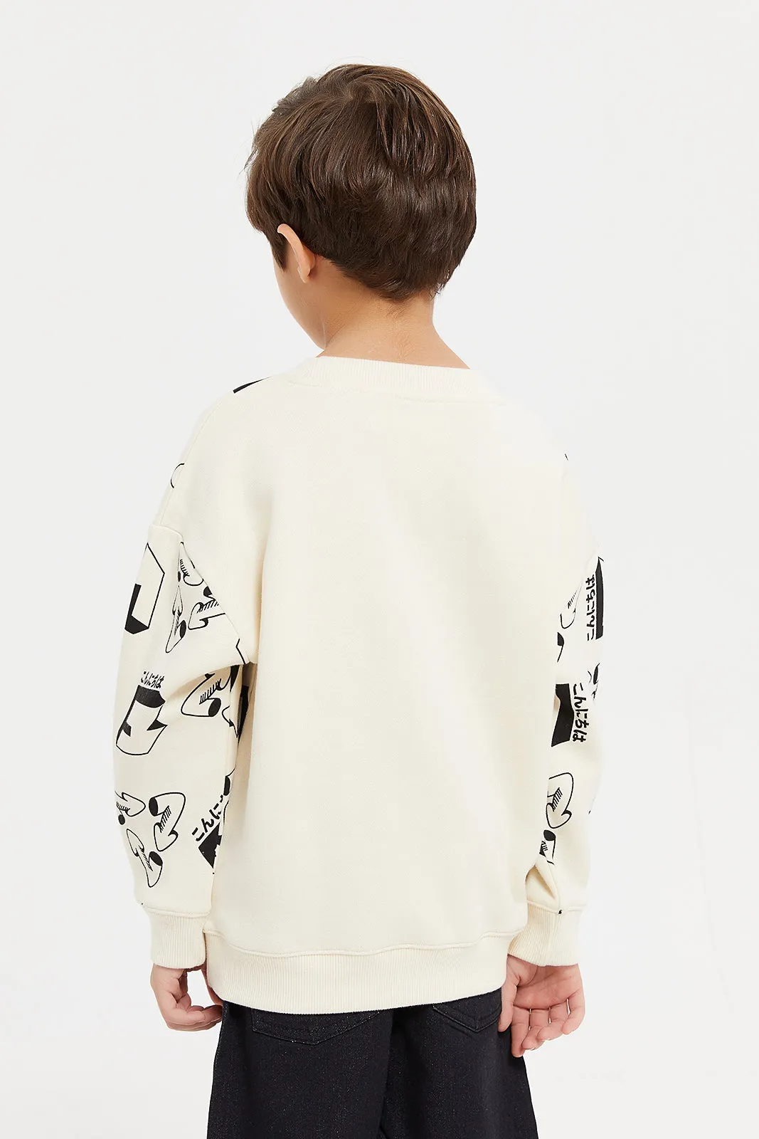 Boys Beige Printed Drop Shoulder Sweatshirt