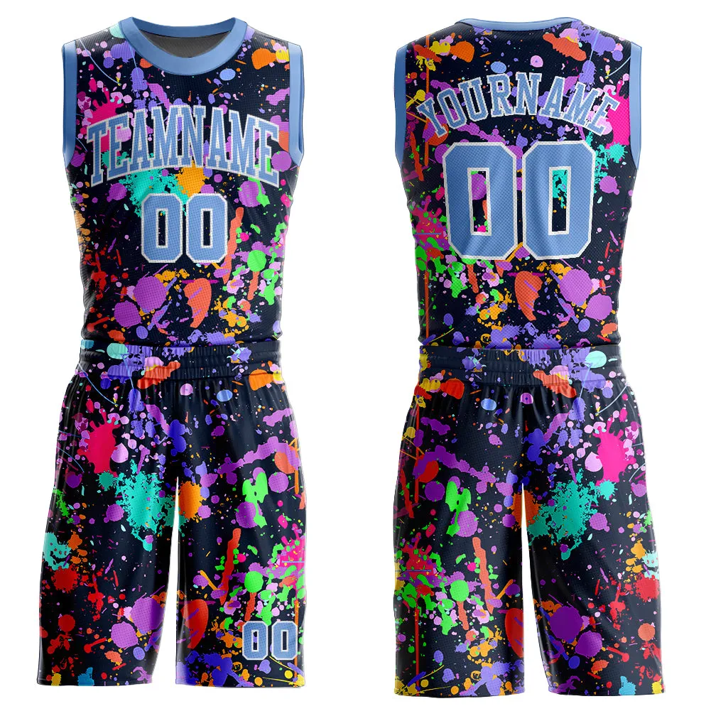 Custom Graffiti Pattern Light Blue-White Round Neck Sublimation Basketball Suit Jersey