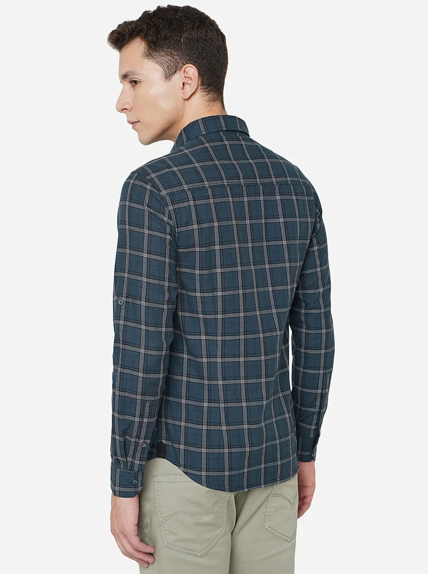 Forest Green Checked Slim Fit Semi Casual Shirt | Greenfibre