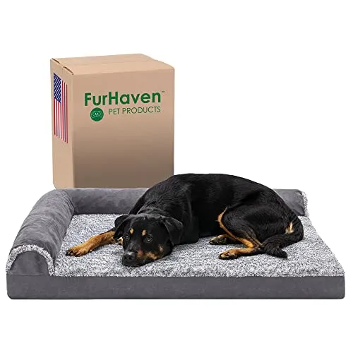 Furhaven Orthopedic Dog Bed for Large Dogs - Jumbo/XL Size, L-Shaped Chaise with Removable Bolsters and Washable Cover, Two-Tone Plush Faux Fur & Suede, Supports Up to 95 lbs, Stone Gray