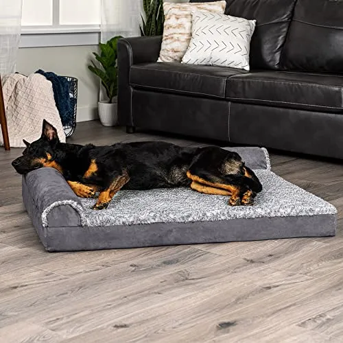 Furhaven Orthopedic Dog Bed for Large Dogs - Jumbo/XL Size, L-Shaped Chaise with Removable Bolsters and Washable Cover, Two-Tone Plush Faux Fur & Suede, Supports Up to 95 lbs, Stone Gray