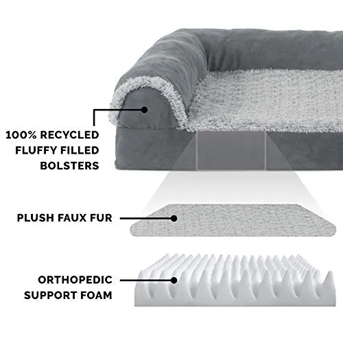 Furhaven Orthopedic Dog Bed for Large Dogs - Jumbo/XL Size, L-Shaped Chaise with Removable Bolsters and Washable Cover, Two-Tone Plush Faux Fur & Suede, Supports Up to 95 lbs, Stone Gray