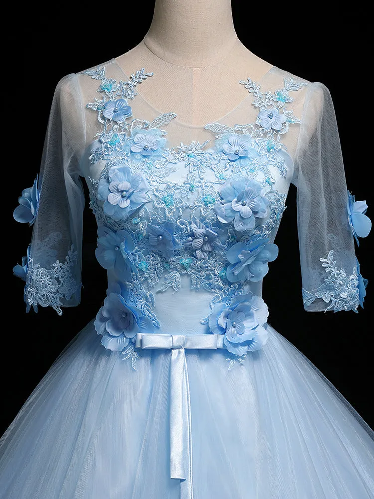 Light Blue Ball Gown with Sleeves Party Dress, Blue Sweet 16 Dress