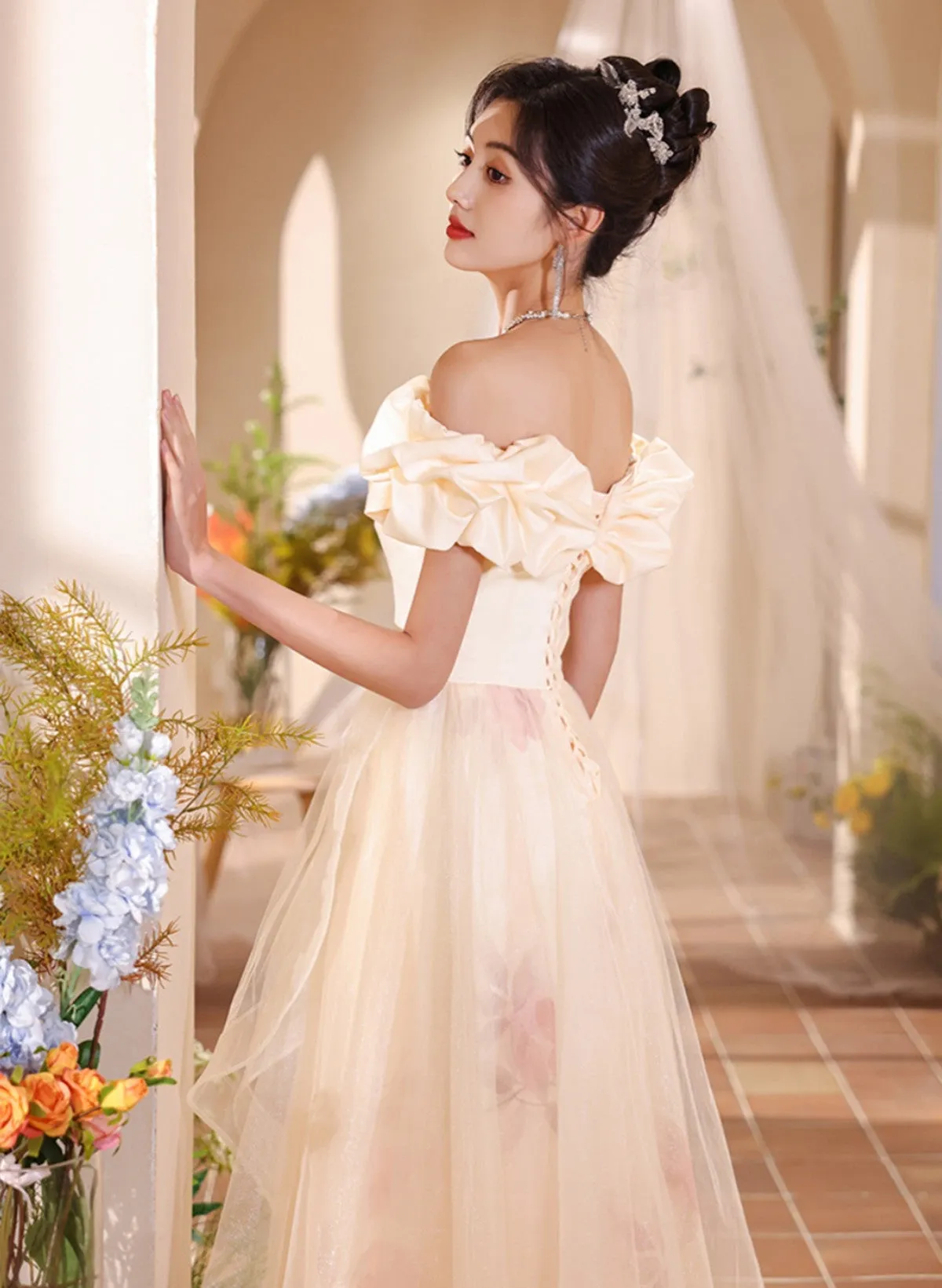 Light Champagne Tulle Off Shoulder Long Formal Dress, A-line Prom Dress