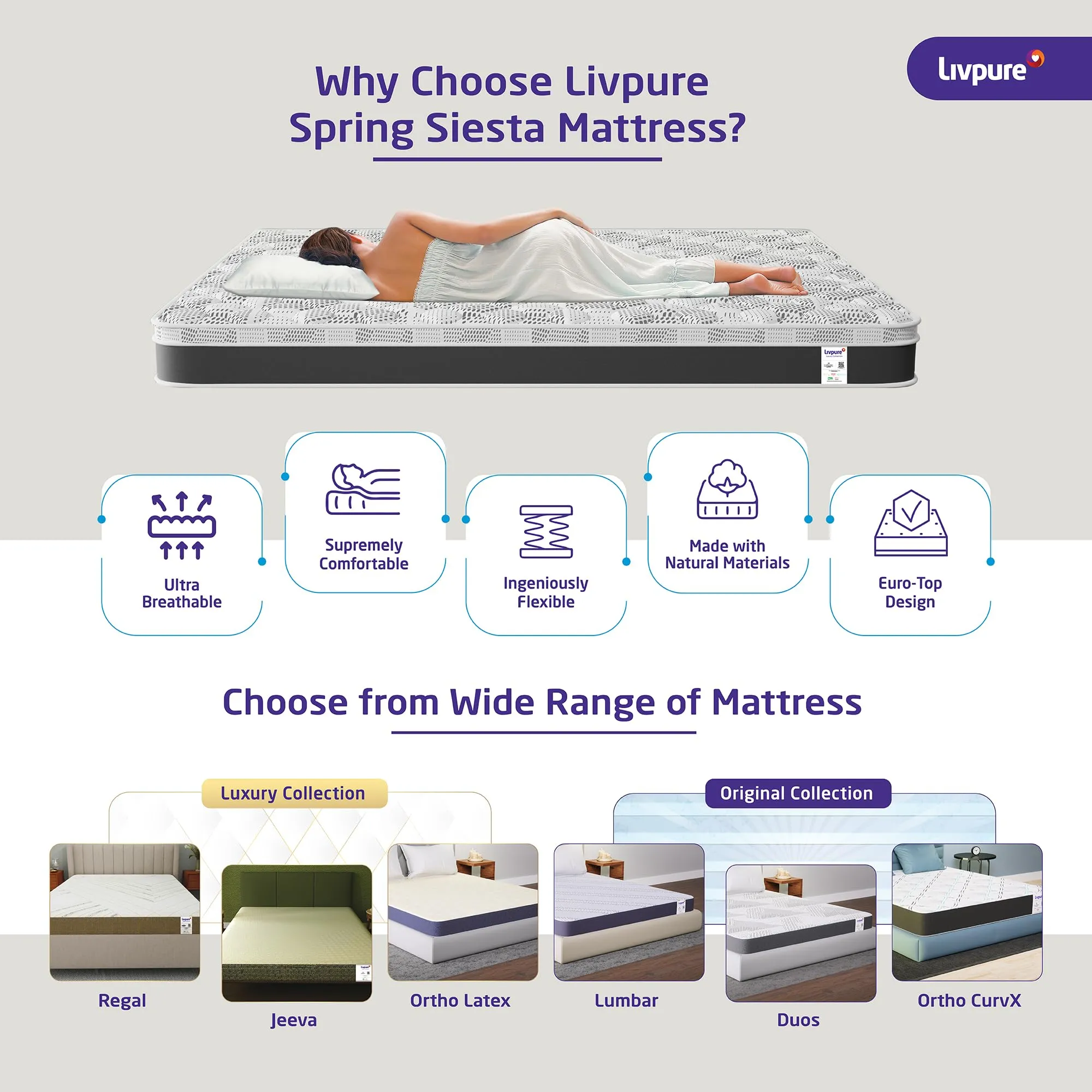 Livpure Smart Siesta Hybrid Orthopedic Spring Mattress | Orthopaedic Nano-Spring System | Euro-Top Design with Plush Quilting for Best-in Class Comfort | Premium Knitted Fabric | King 78x72x8 Inches