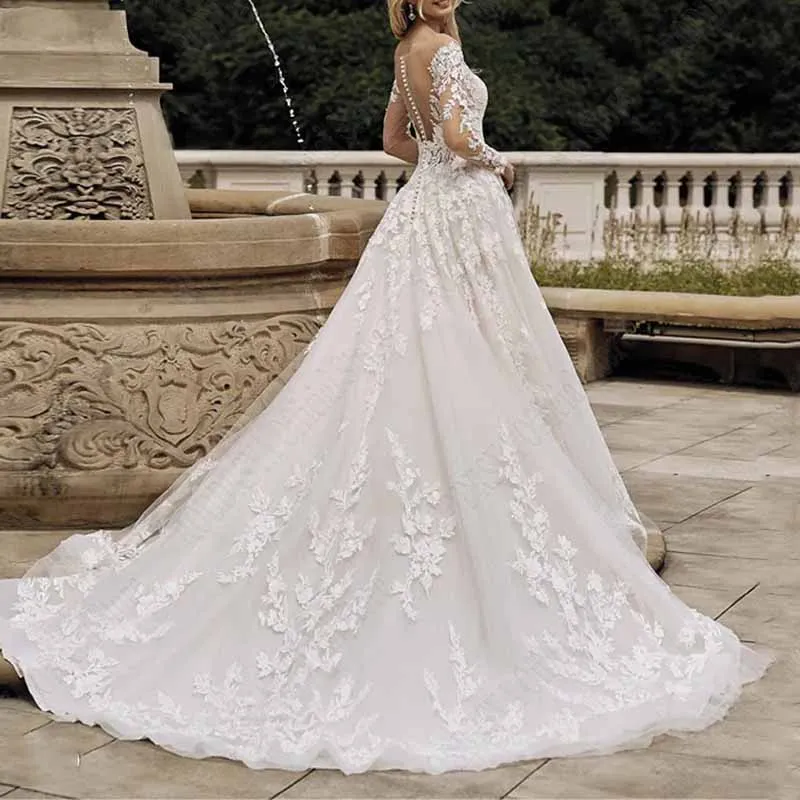 Long Sleeve Appliques Tulle Wedding Dress Tulle Lace Bridal Dress