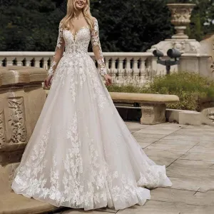 Long Sleeve Appliques Tulle Wedding Dress Tulle Lace Bridal Dress