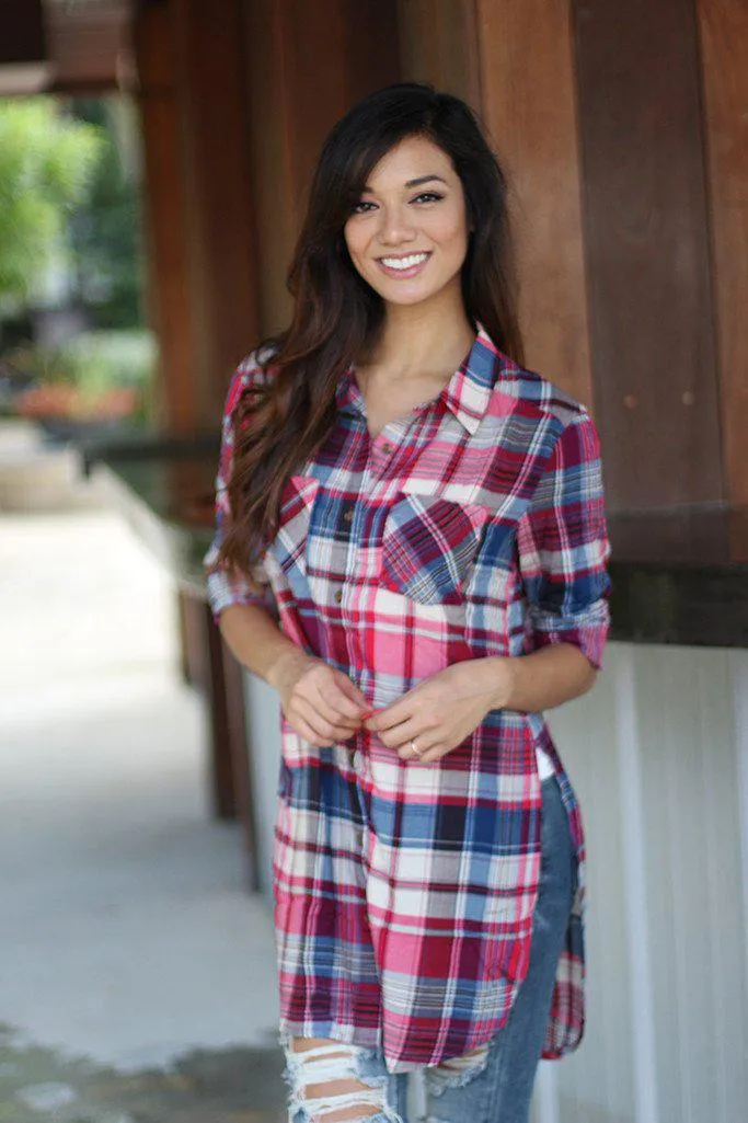 Magenta Long Plaid Top