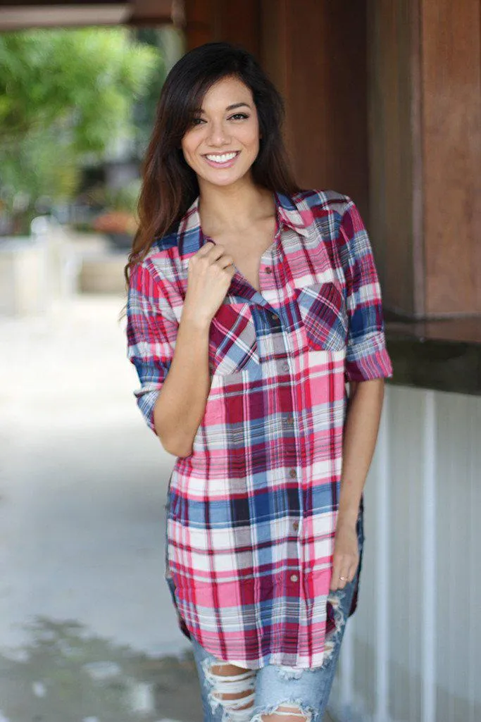 Magenta Long Plaid Top