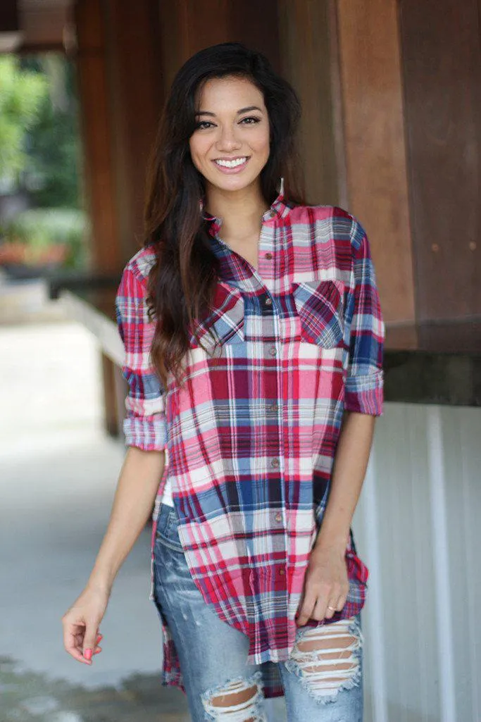 Magenta Long Plaid Top