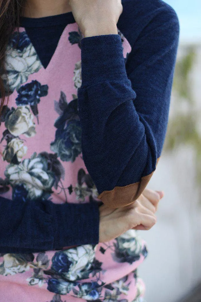 Navy and Pink Floral Top With Elbow Patch