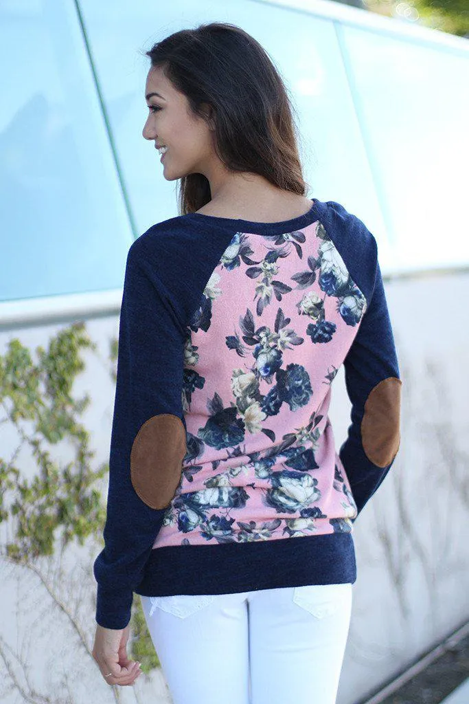 Navy and Pink Floral Top With Elbow Patch