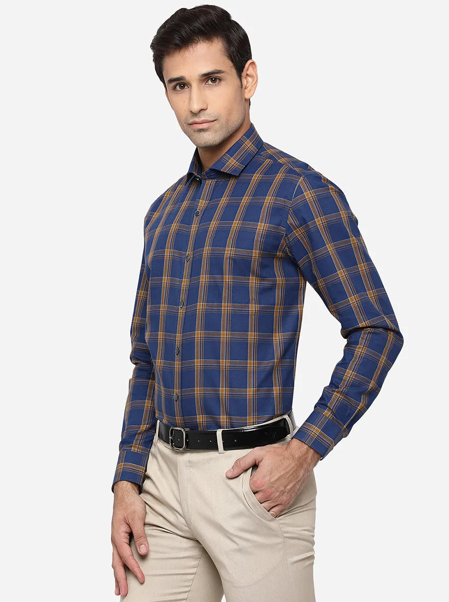 Navy Blue & Khaki Checked Slim Fit Formal Shirt | JadeBlue