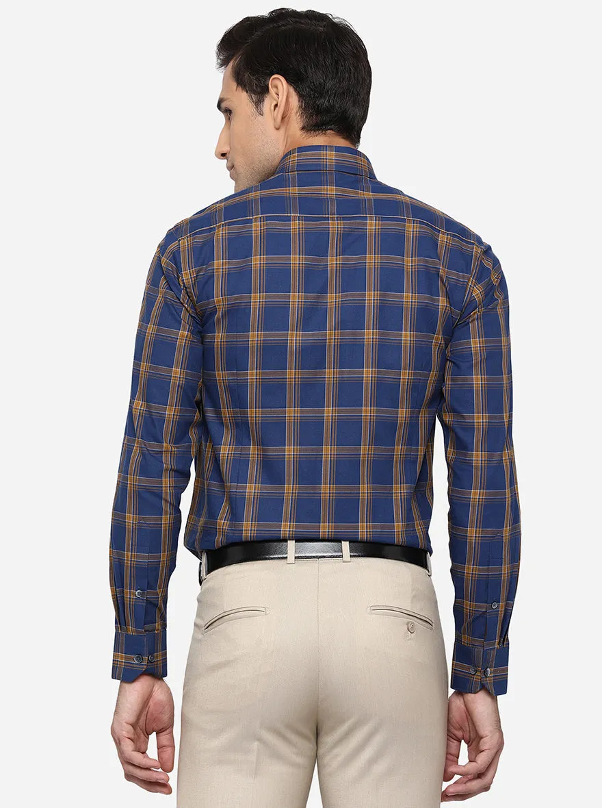 Navy Blue & Khaki Checked Slim Fit Formal Shirt | JadeBlue