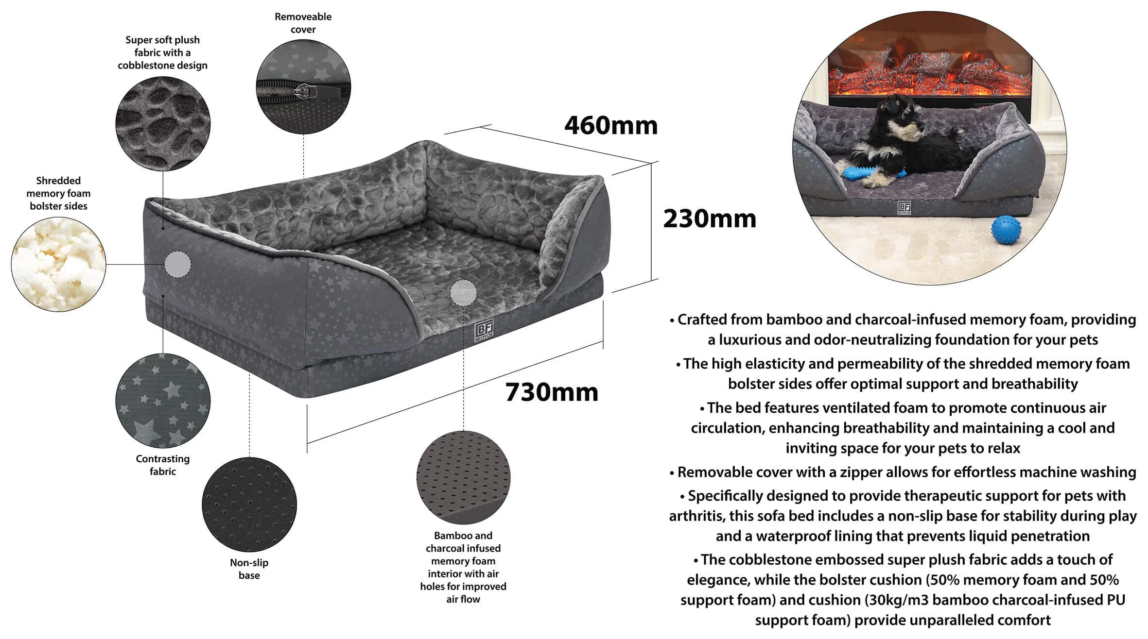 Orthopedic Dog Sofa Bed with Bamboo & Charcoal Infused Memory Foam