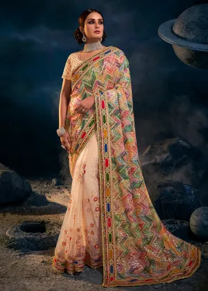 Peach Multicolor Premium Net Heavy Embroidered Designer Saree