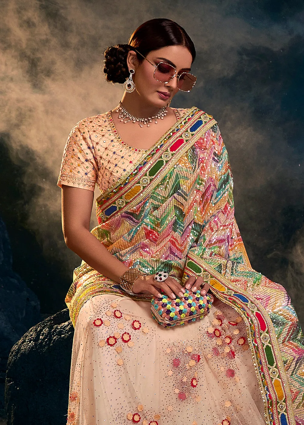 Peach Multicolor Premium Net Heavy Embroidered Designer Saree