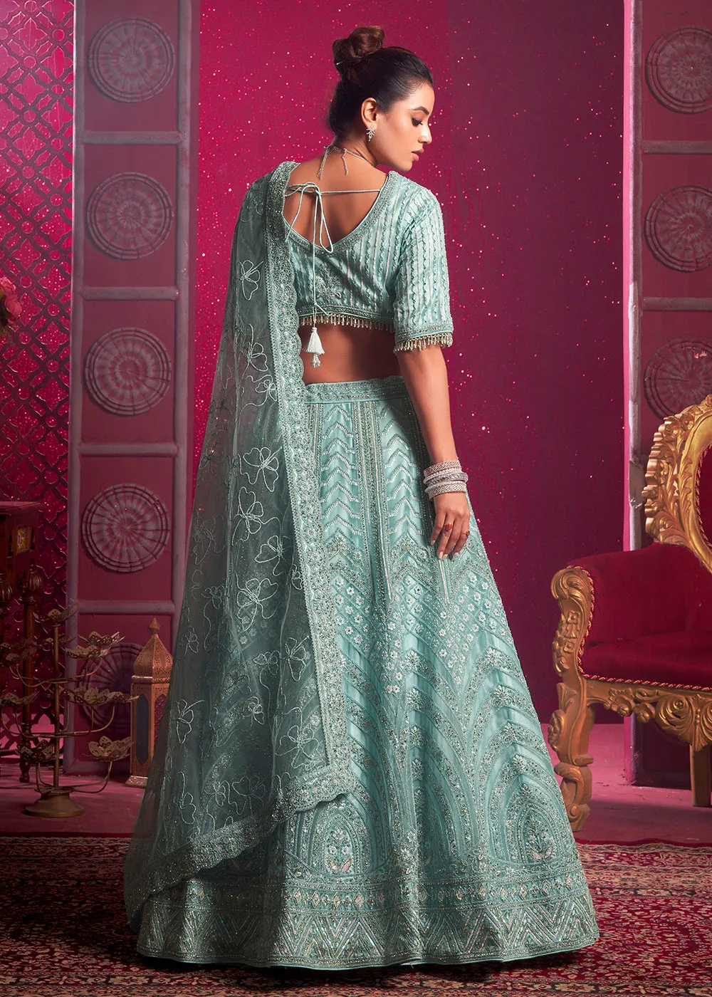 Premium Net Sky Blue Embroidered Designer Lehenga Choli