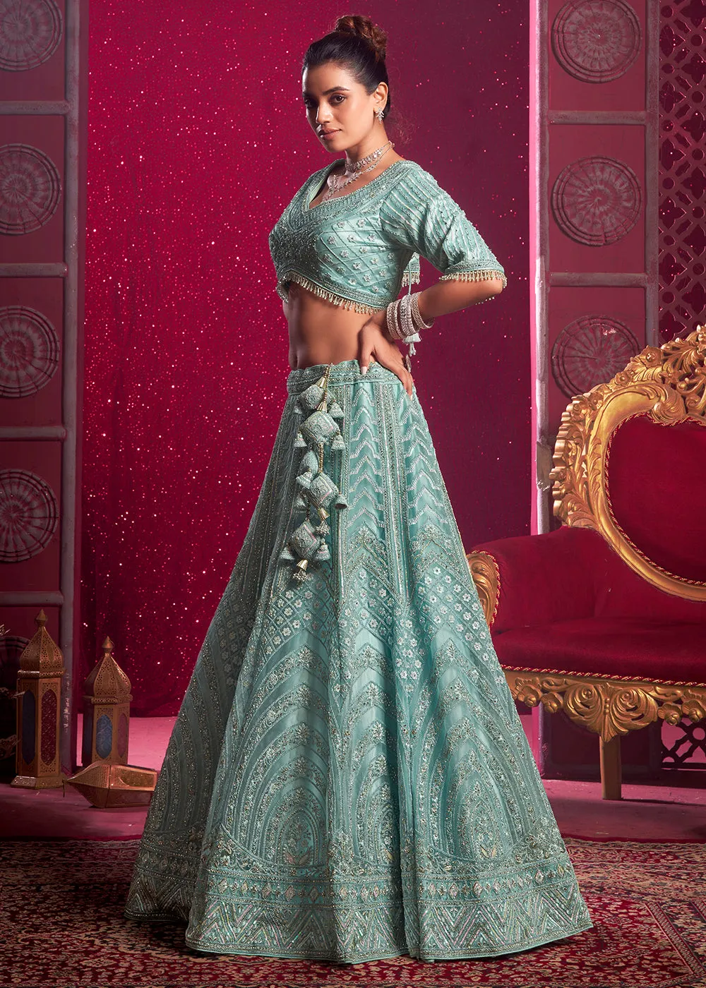 Premium Net Sky Blue Embroidered Designer Lehenga Choli