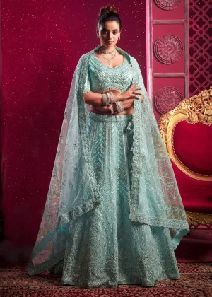 Premium Net Sky Blue Embroidered Designer Lehenga Choli