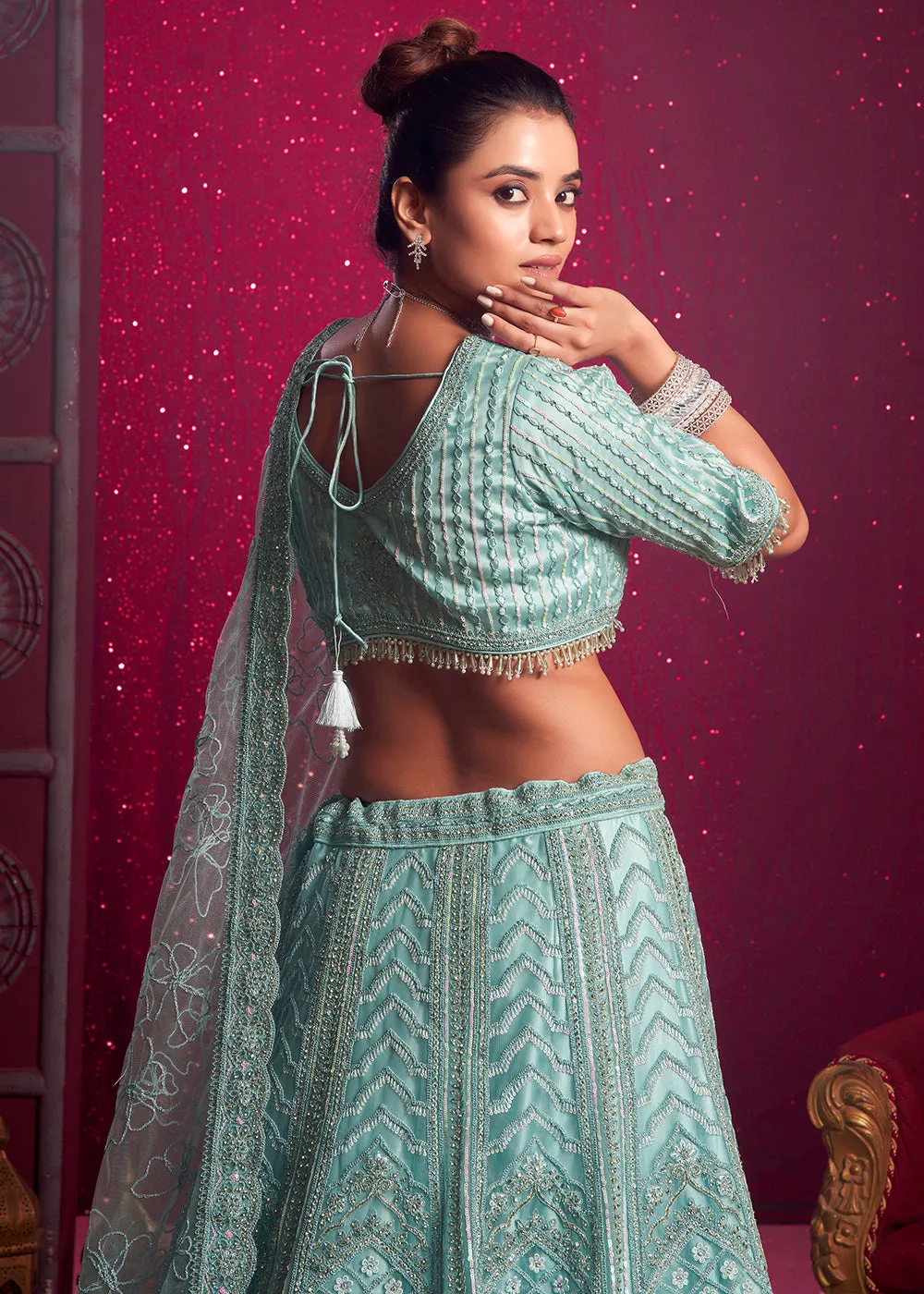 Premium Net Sky Blue Embroidered Designer Lehenga Choli