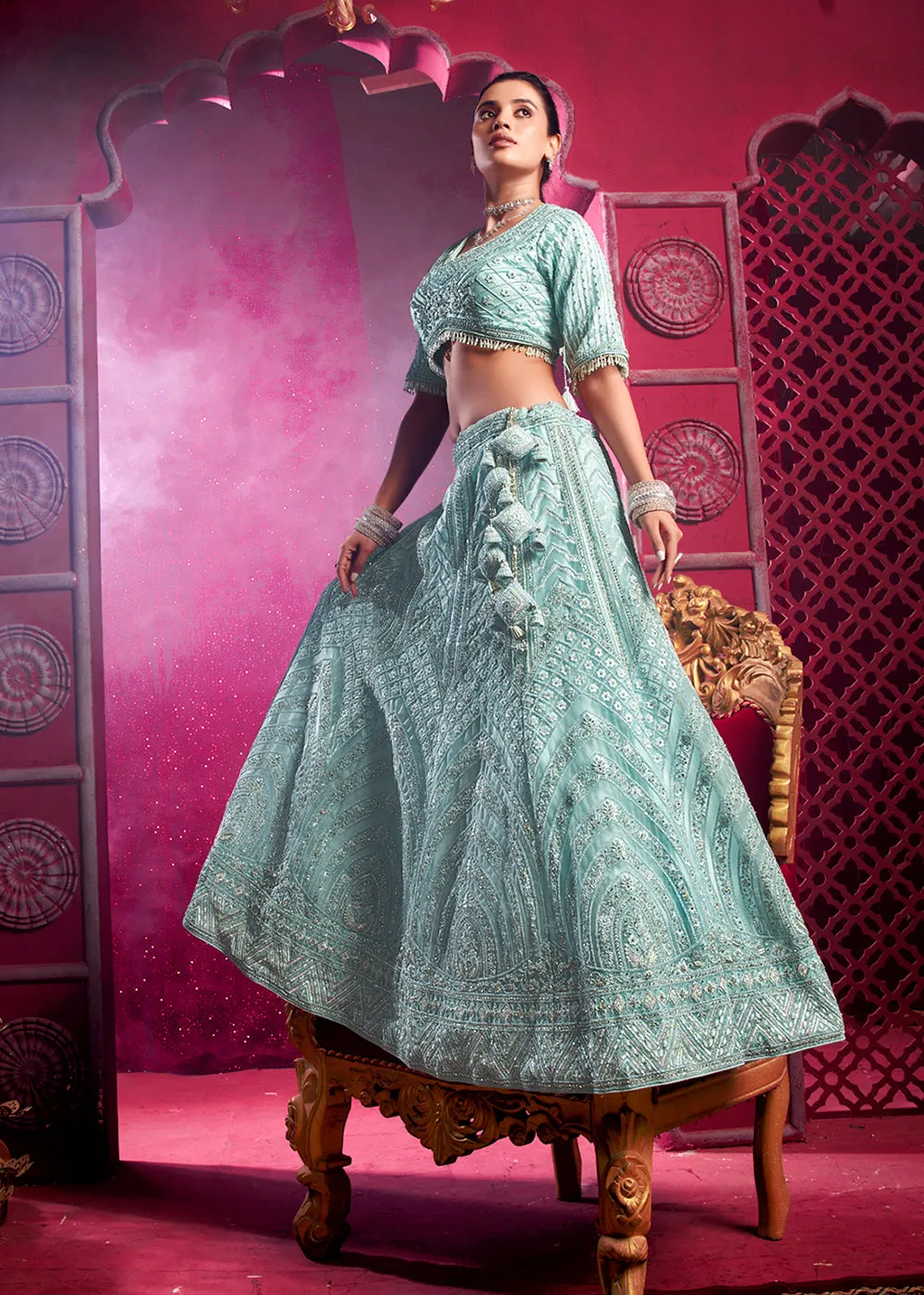 Premium Net Sky Blue Embroidered Designer Lehenga Choli