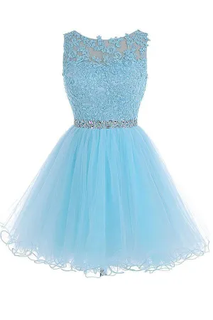 Scoop Short Blue Zipper-up Tulle Homecoming Dress PG013