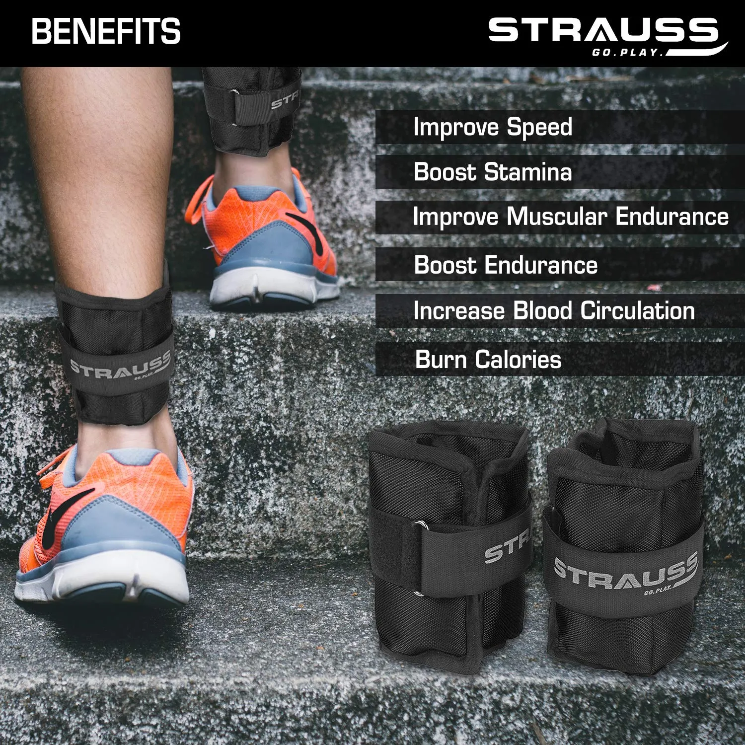 Strauss Adjustable Ankle/Wrist Weights 1 KG X 2 | Ideal for Walking, Running, Jogging, Cycling, Gym, Workout & Strength Training | Easy to Use on Ankle, Wrist, Leg, (Black)