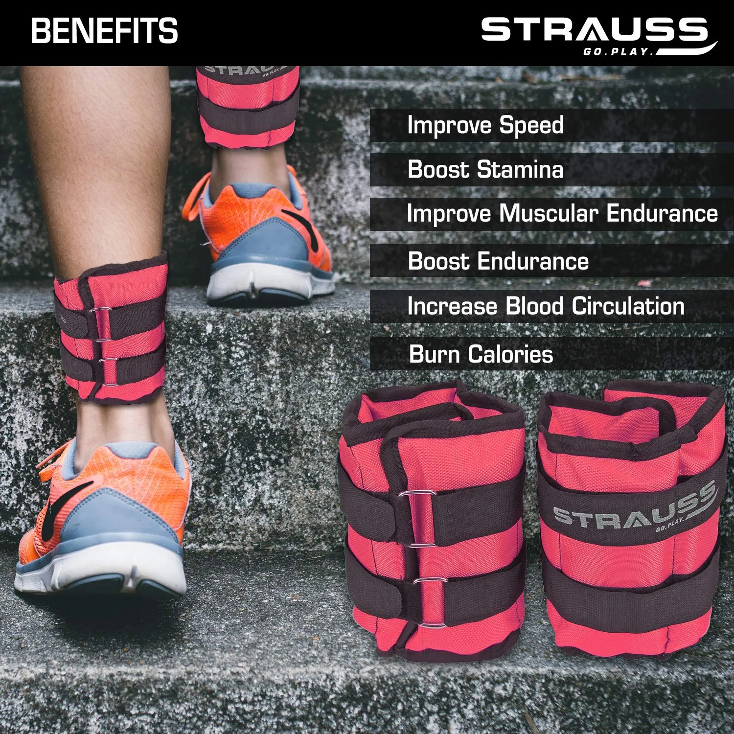 Strauss Adjustable Ankle/Wrist Weights 1.5 KG X 2 | Ideal for Walking, Running, Jogging, Cycling, Gym, Workout & Strength Training | Easy to Use on Ankle, Wrist, Leg, (Pink)