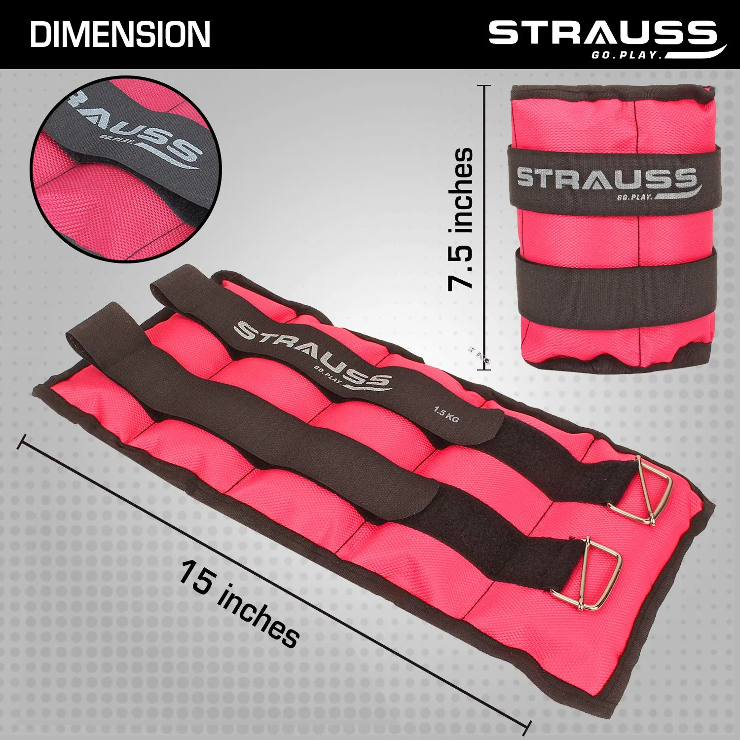 Strauss Adjustable Ankle/Wrist Weights 1.5 KG X 2 | Ideal for Walking, Running, Jogging, Cycling, Gym, Workout & Strength Training | Easy to Use on Ankle, Wrist, Leg, (Pink)