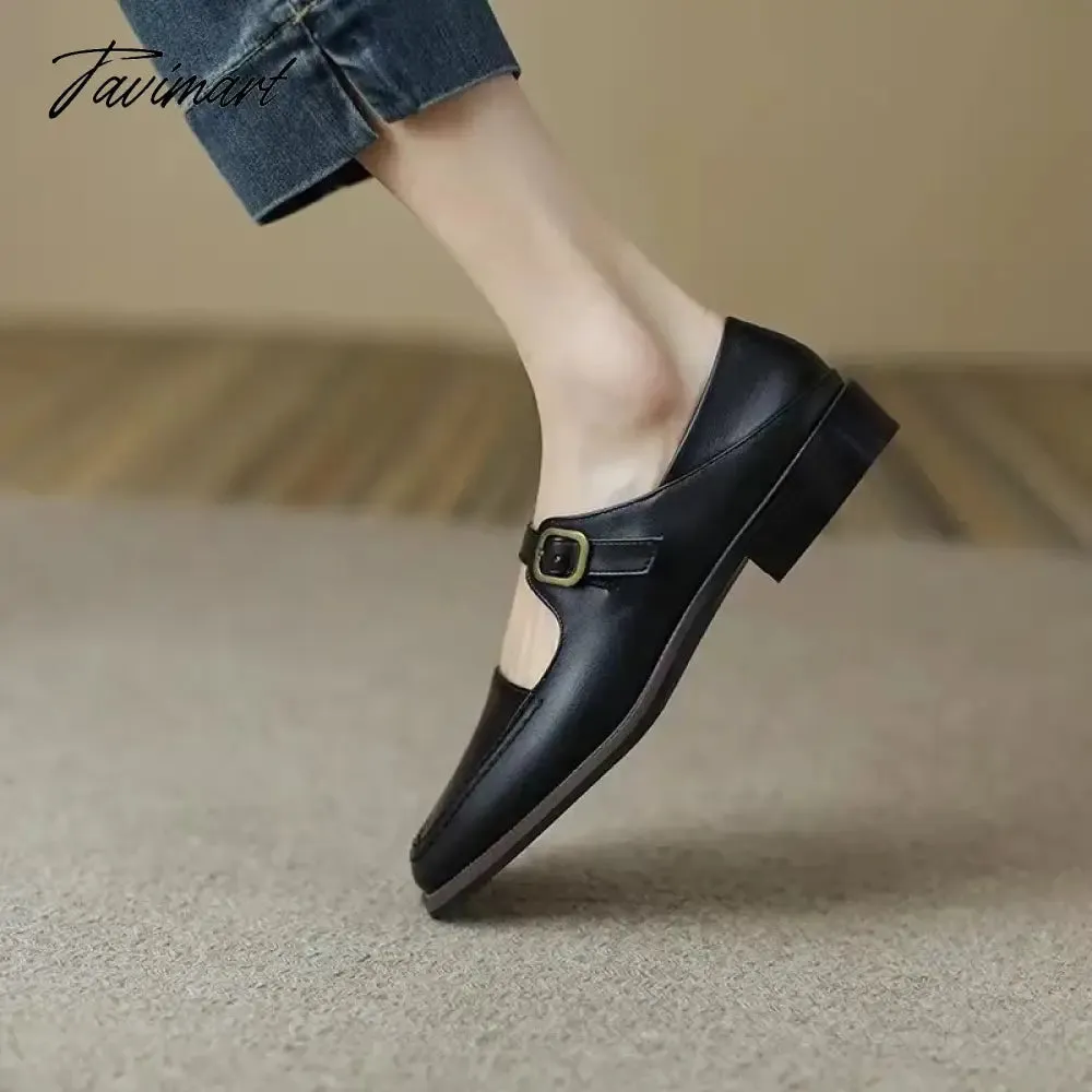 TAVIMART New Designer Women's Oxford Shoes Vintage Square Toe Mary Janes Shoes Black Buckle Leather Shoes for Female Spring Autumn 1604N