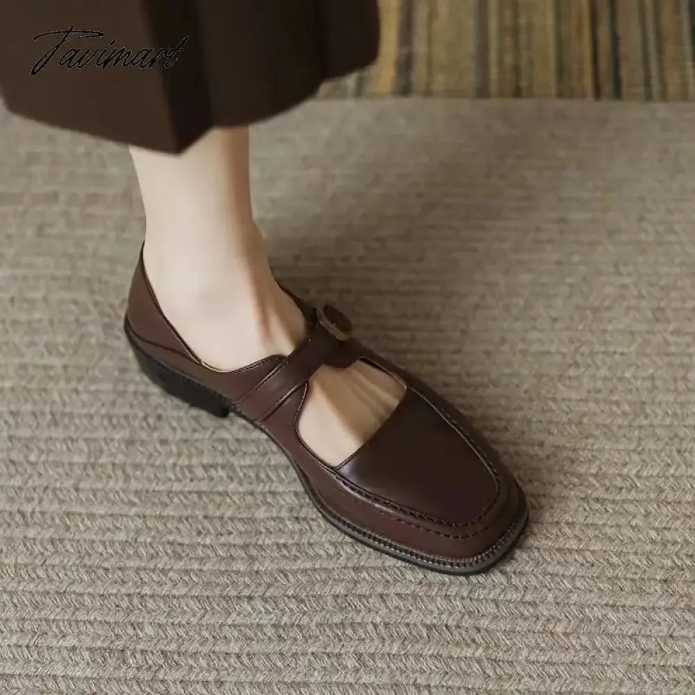 TAVIMART New Designer Women's Oxford Shoes Vintage Square Toe Mary Janes Shoes Black Buckle Leather Shoes for Female Spring Autumn 1604N