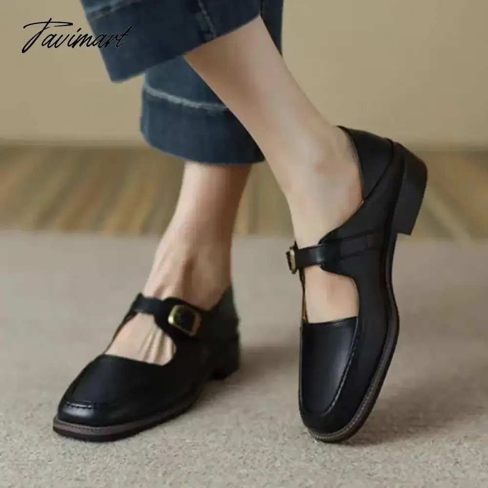 TAVIMART New Designer Women's Oxford Shoes Vintage Square Toe Mary Janes Shoes Black Buckle Leather Shoes for Female Spring Autumn 1604N