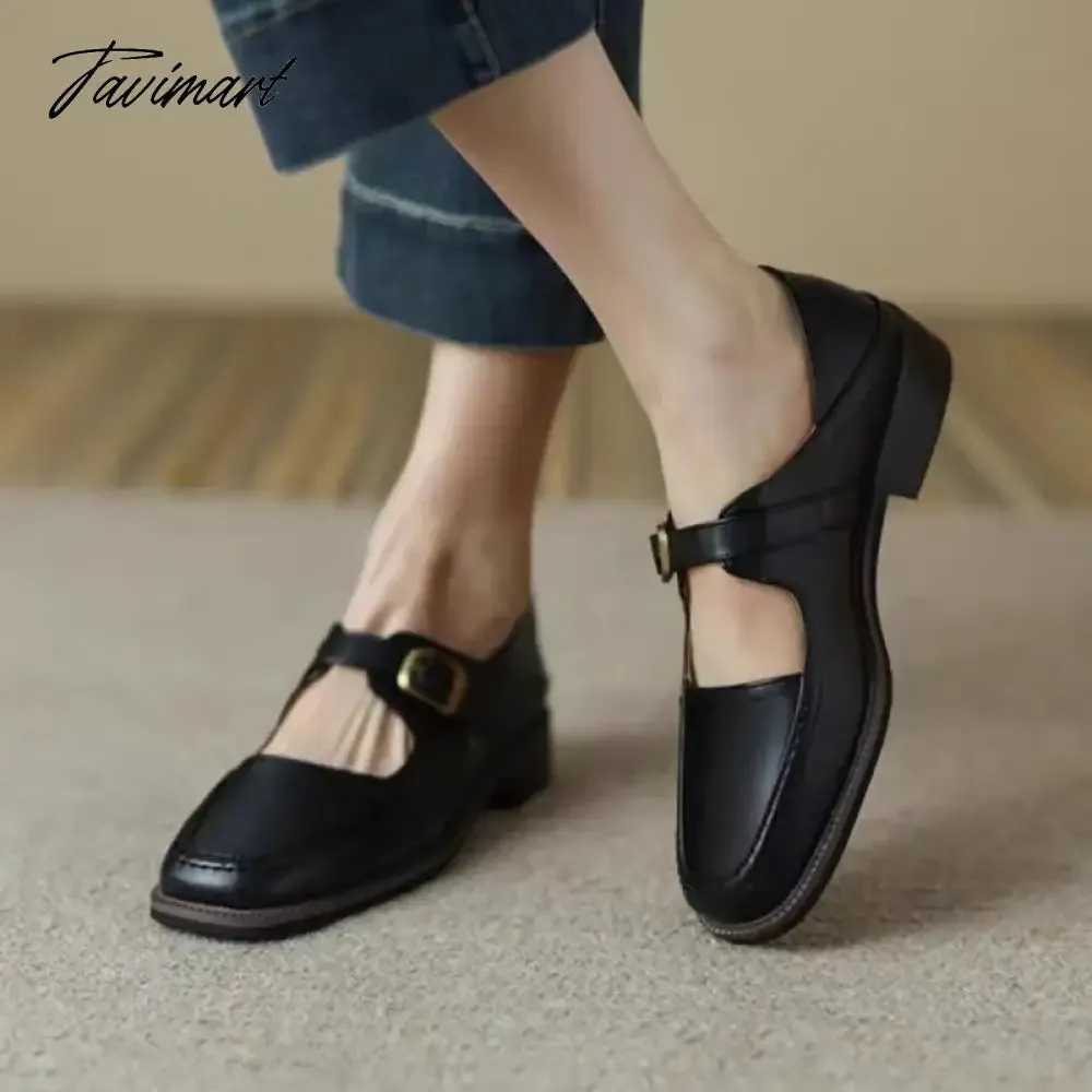 TAVIMART New Designer Women's Oxford Shoes Vintage Square Toe Mary Janes Shoes Black Buckle Leather Shoes for Female Spring Autumn 1604N