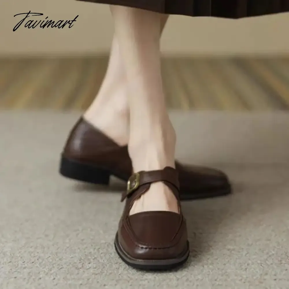 TAVIMART New Designer Women's Oxford Shoes Vintage Square Toe Mary Janes Shoes Black Buckle Leather Shoes for Female Spring Autumn 1604N