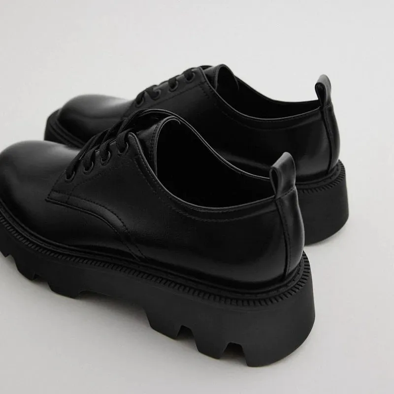 Thick Sole Casual Vegan Leather Lace-up Shoes