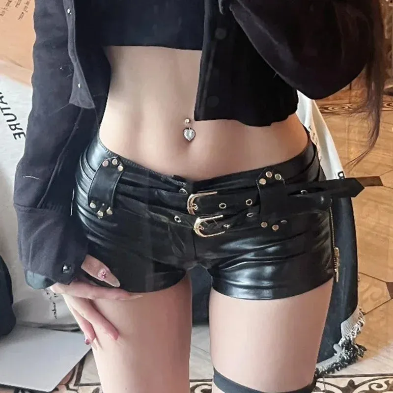 Trendy Black Low Waist Leather Belt Shorts