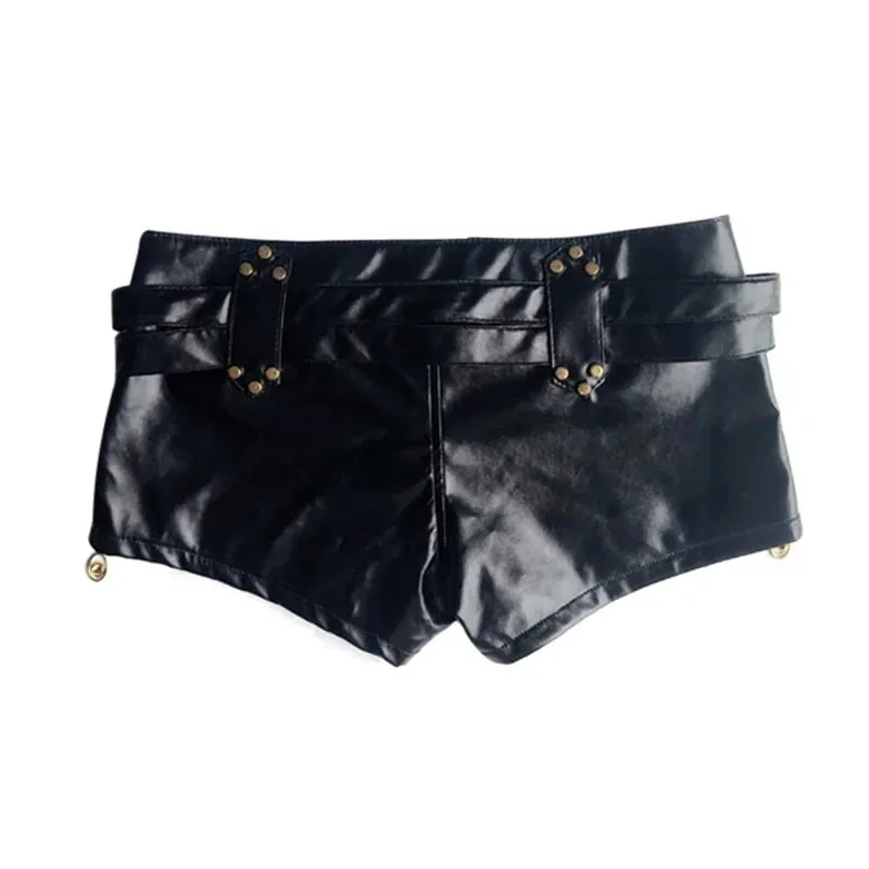 Trendy Black Low Waist Leather Belt Shorts