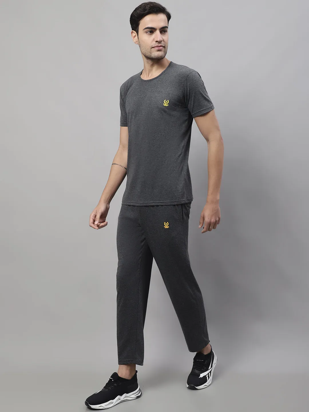 Vimal Jonney Anthracite Cotton Solid Co-ord Set Tracksuit For Men(Zip On 1 Side Pocket)