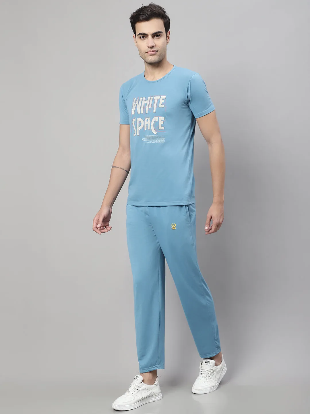 Vimal Jonney Blue Cotton Printed Co-ord Set Tracksuit For Men(Zip On 1 Side Pocket)