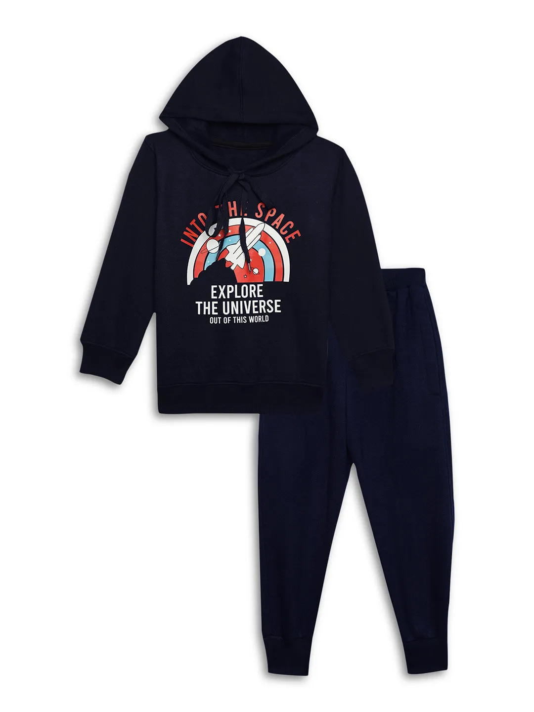 Vimal Jonney Navy Blue Printed Hooded Cotton Fleece Tracksuit Co-ord Set for Kids